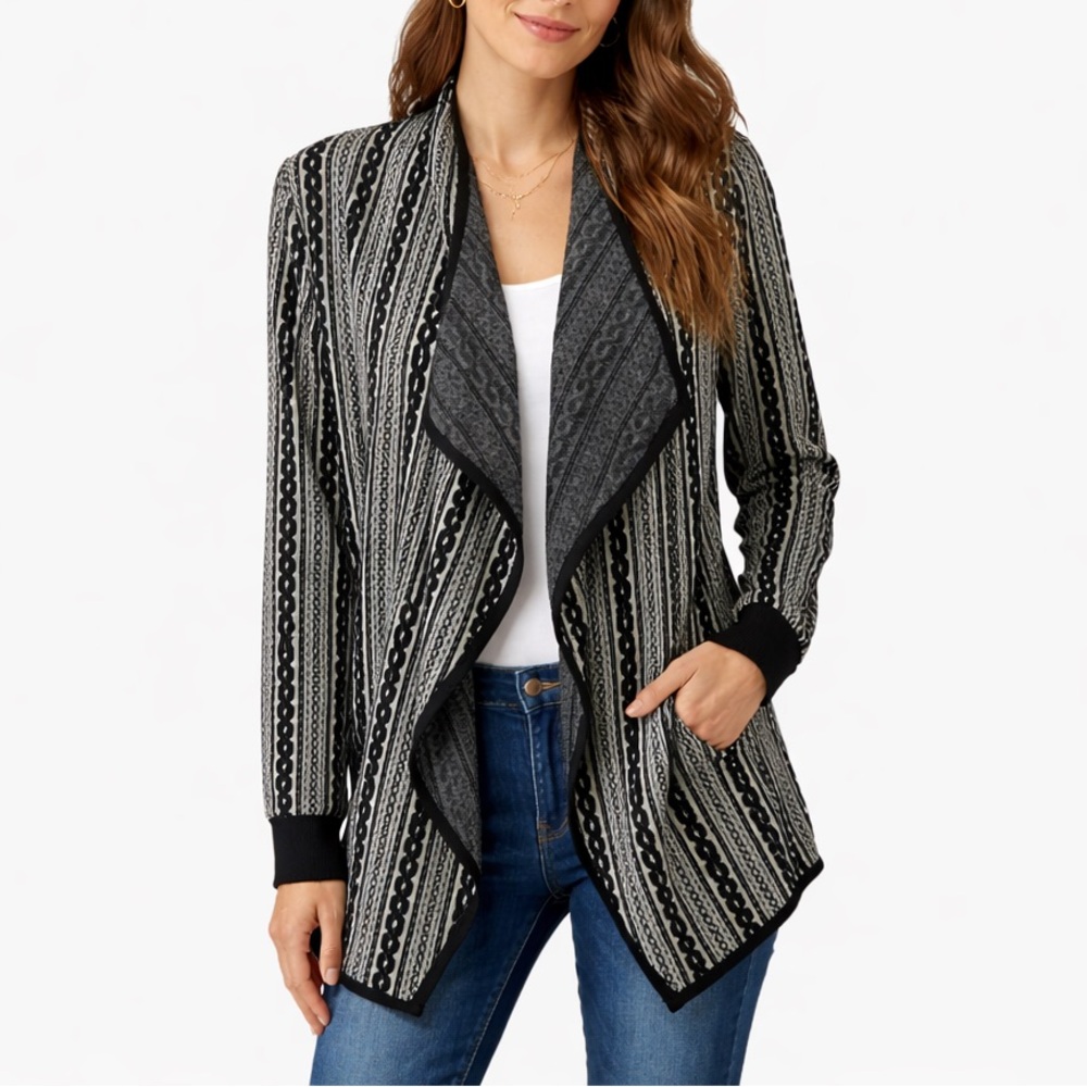 VOJENS Black & White Textured Open Front Jacket Cardigan Size Small